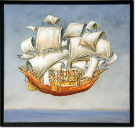 Carlo Ravaioli - Nave Volante cm 80X80 anno 2009 Olio su Tela